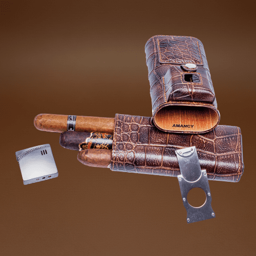 AMANCY Luxury 3 Holder Classy Black Brown Crocodile Pattern Leather Cigar Humidor Case Set with Lighter and Cutter - Great Cigar Gift Kit for Men