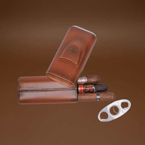 AMANCY Premium 3- Finger Brown Leather Cigar Case, Cedar Wood Lined Cigar Humidor with Silver Stainless Steel Cutter