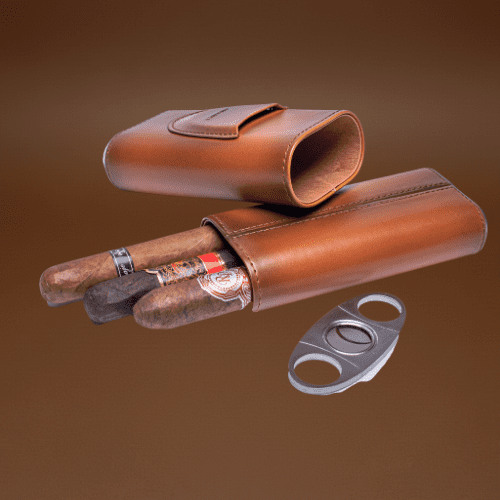 AMANCY Premium 3- Finger Brown Leather Cigar Case, Cedar Wood Lined Cigar Humidor with Silver Stainless Steel Cutter