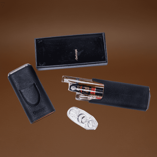 COOL KNIGHT Black Leather Cigar Case - Cedar Wood Lining Travel Humidors