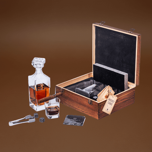 Whiskey Decanter Gift Set by Royal Reserve- 24 oz 750ml with Glasses, Chilling Stones, Coasters and Tong