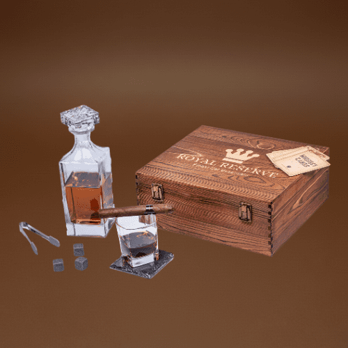 186 Whiskey Decanter Gift Set by Royal Reserve- 24 oz 750ml with Glasses, Chilling Stones, Coasters and Tong