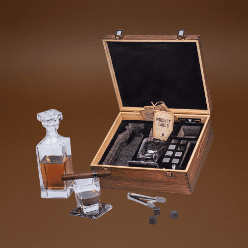 Whiskey Decanter Gift Set by Royal Reserve- 24 oz 750ml with Glasses, Chilling Stones, Coasters and Tong