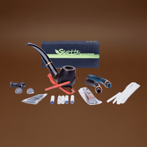 Scotte Handmade Pipe Set, Leather Pipe Pouch, Wood Pipe and Accessories (Scraper/Stand/Filter Element/Filter Ball/Small Bag/Box) (Brown)