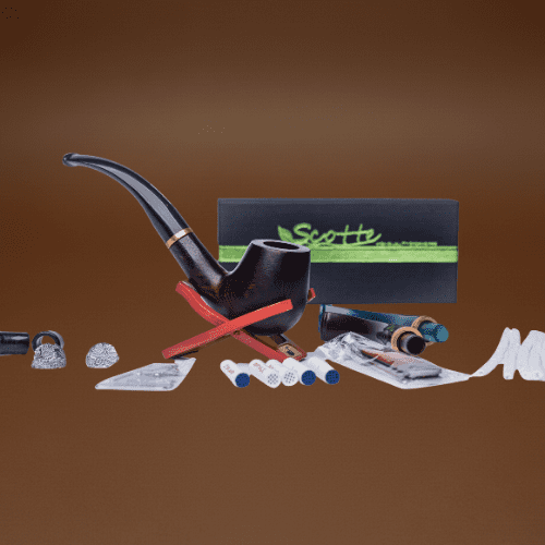 Scotte Handmade Pipe Set, Leather Pipe Pouch, Wood Pipe and Accessories (Scraper/Stand/Filter Element/Filter Ball/Small Bag/Box) (Brown)